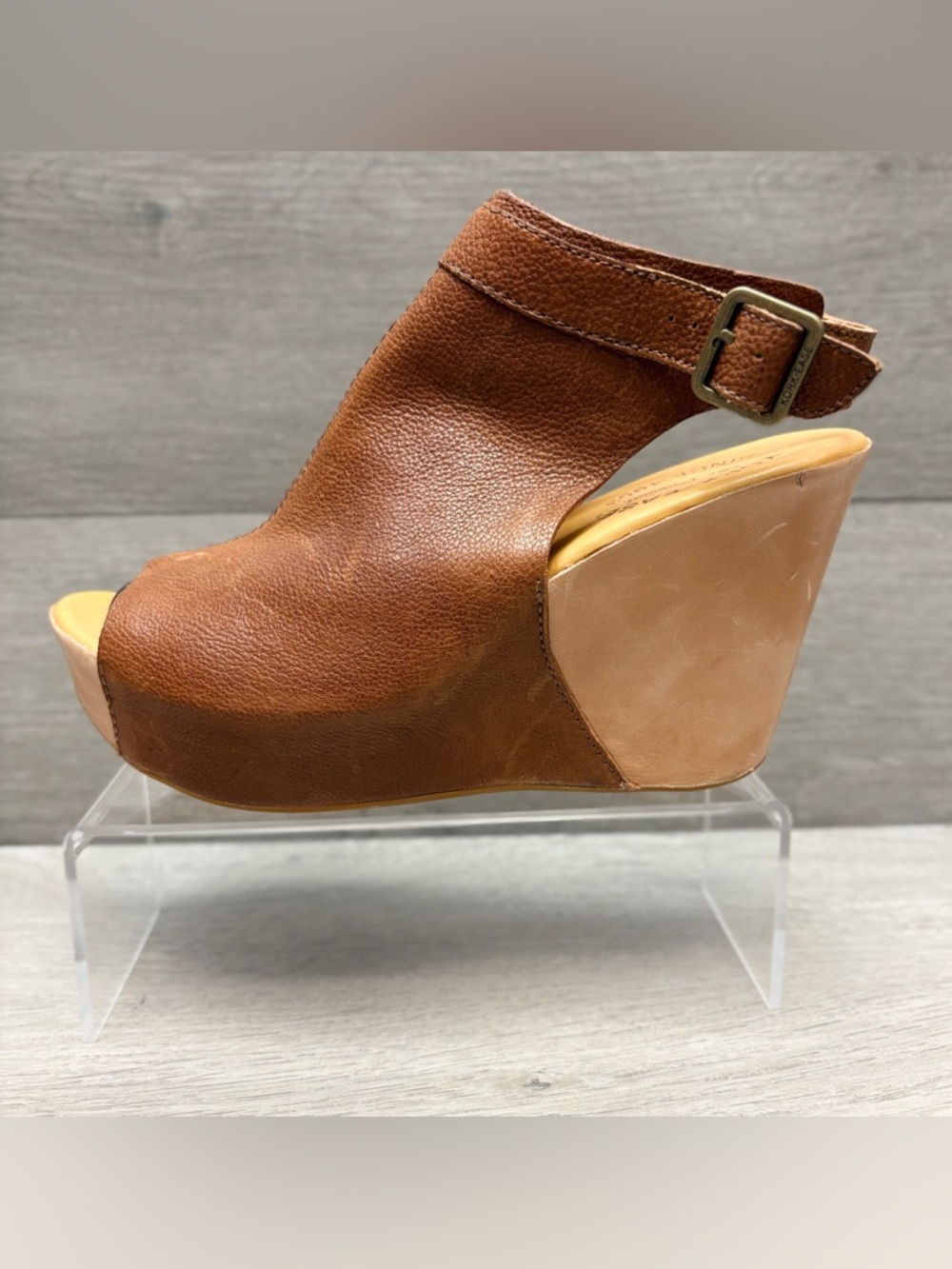 Kork-Ease Berit Brown Leather Peep-Toe Wedge Sandals with Slingback Strap 8 - Picture 3 of 12